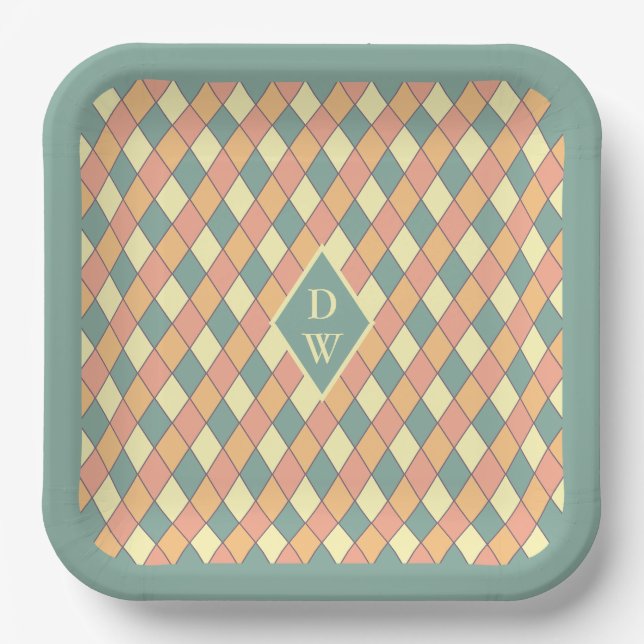 Vintages Harlequine Diagonal in Pastels Monogram Pappteller (Vorderseite)