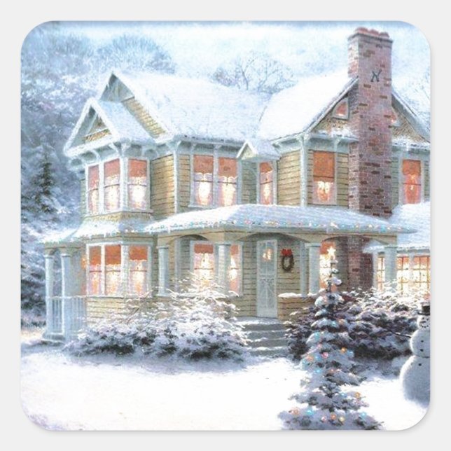 Vintages Haus im Winter Quadratischer Aufkleber (Vorderseite)