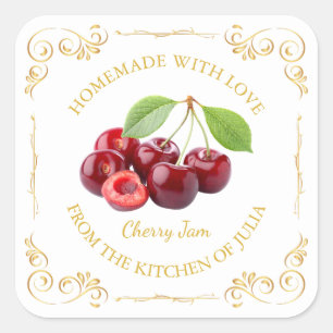 Vintages hausgemachte Cherry-Jam-Platz-Label Quadratischer Aufkleber