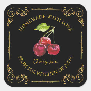 Vintages hausgemachte Cherry-Jam-Platz-Label Quadratischer Aufkleber