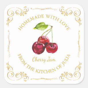 Vintages hausgemachte Cherry-Jam-Platz-Label Quadratischer Aufkleber