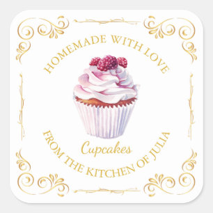 Vintages, hausgemachte Cupcake-Platz-Label Quadratischer Aufkleber