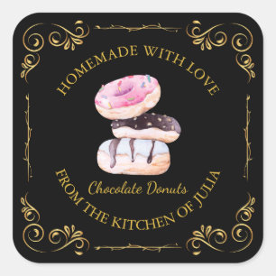 Vintages, hausgemachte Donut-Platz-Label Schwarz Quadratischer Aufkleber