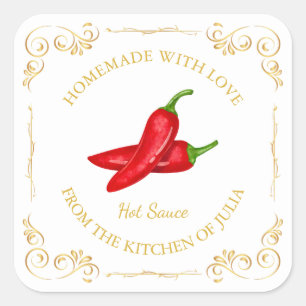 Vintages, hausgemachte Hot Chili Sauce Square Labe Quadratischer Aufkleber