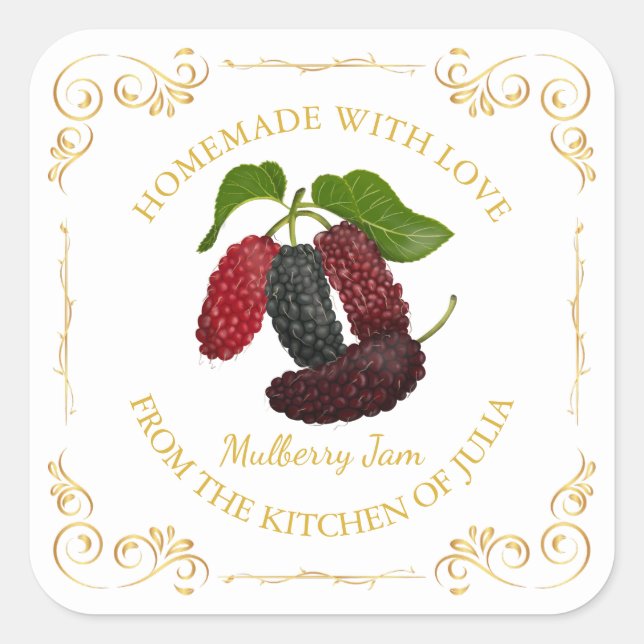 Vintages, hausgemachte Mulberry-Marmelade-Label Quadratischer Aufkleber (Vorderseite)