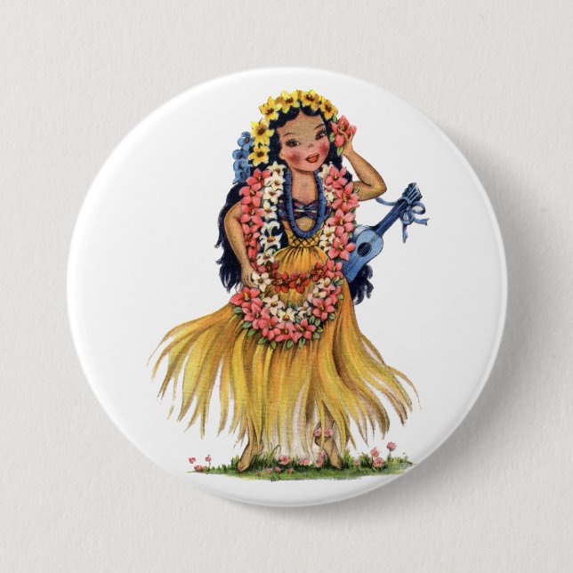 Vintages Hawaiianisches Mädchen in Hula Outfit Dre Button (Vorderseite)