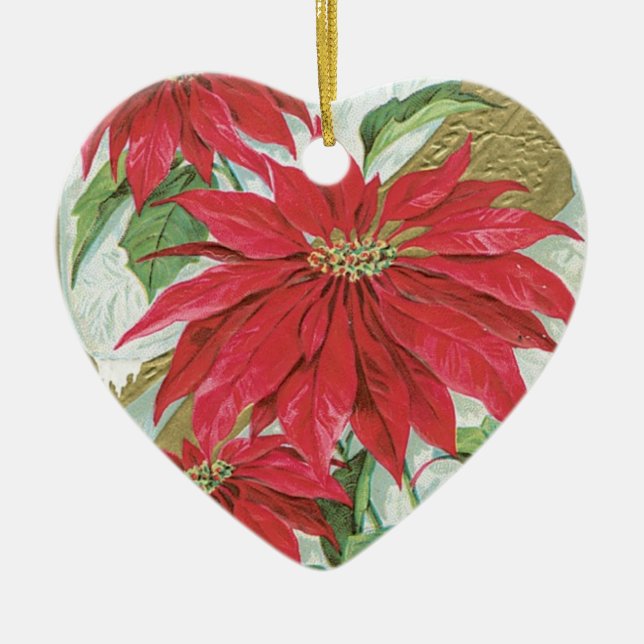 Vintages Herz Poinsettia Keramikornament (Vorne)