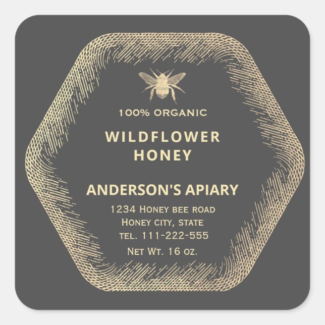 Vintages Hexagon-Honigglas Quadratischer Aufkleber (Vorderseite)