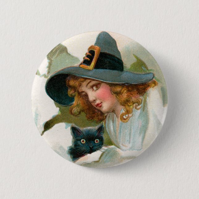 Vintages Hexe-Halloween-Button Button (Vorderseite)