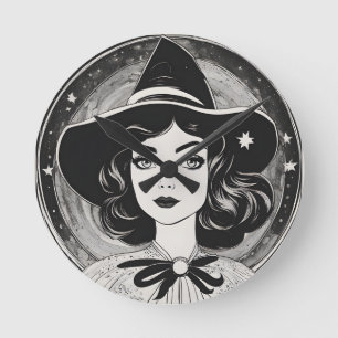 Vintages Hexenportrait Schwarz-Weiß-Retro Runde Wanduhr
