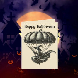 Vintages Hexenwerk und Kürbisparachute Halloween-F Feiertagskarte