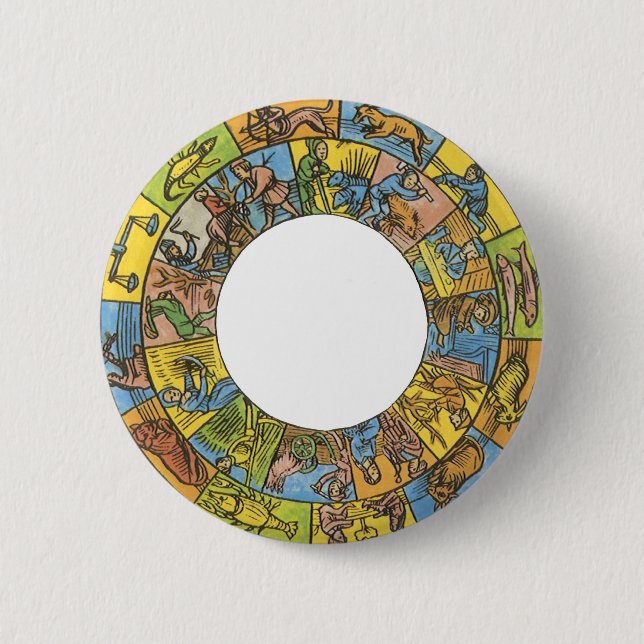 Vintages Himmelsrad, astrologisches Zodiakrad Button (Vorderseite)