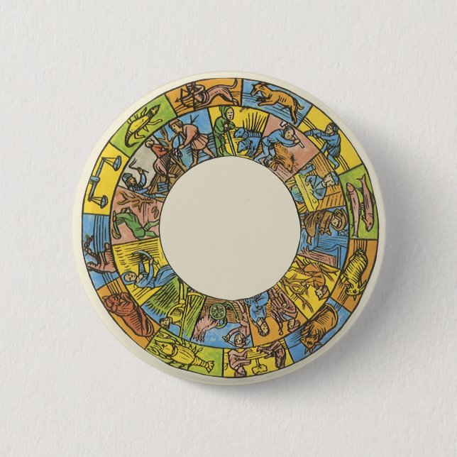 Vintages Himmelsrad, astrologisches Zodiakrad Button (Vorderseite)