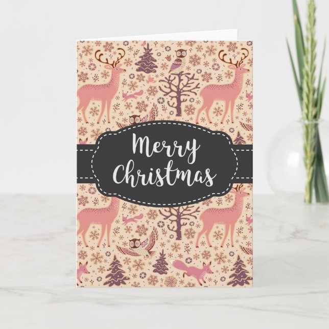Vintages Hirschgeflügel Holz Frohe Weihnachtskarte Feiertagskarte (Vorderseite)