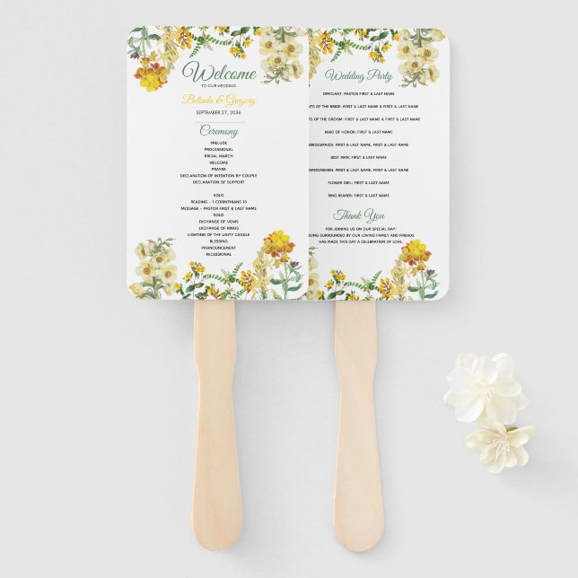 Vintages Hochzeitsprogramm für gelbe Wasserfarben Fächer (Vorne und Hinten)