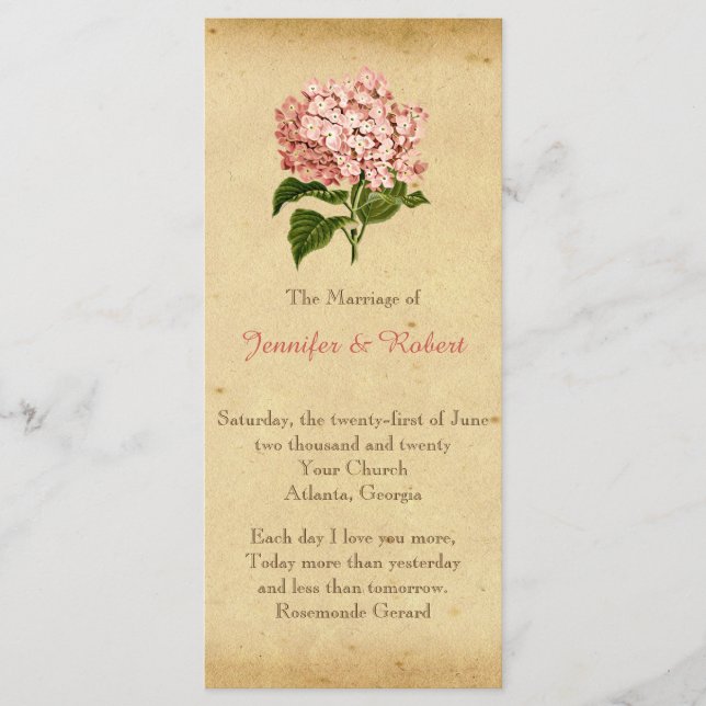 Vintages Hochzeitsprogramm für Hydrangea Programm (Vorderseite)