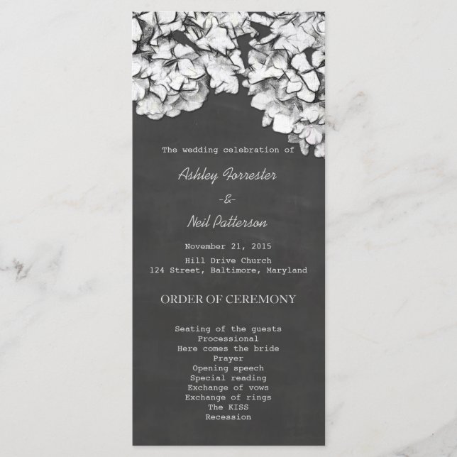 Vintages Hochzeitsprogramm für Hydrangeas mit Chal Programm (Vorderseite)