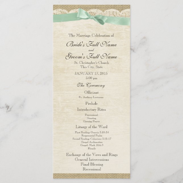 Vintages Hochzeitsprogramm für Spitzen und Minzgrü Programm (Vorderseite)