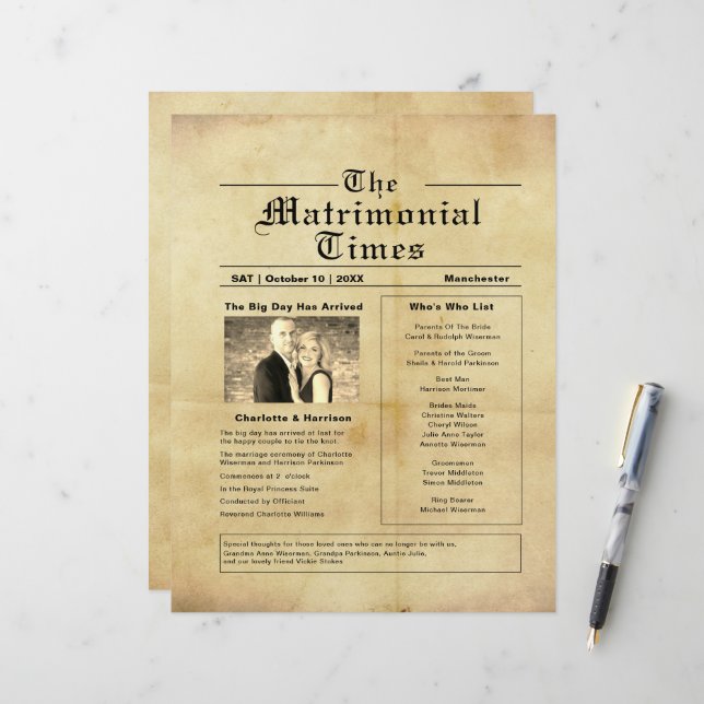 Vintages Hochzeitsprogramm für Zeitungen (Vorderseite/Rückseite Beispiel)