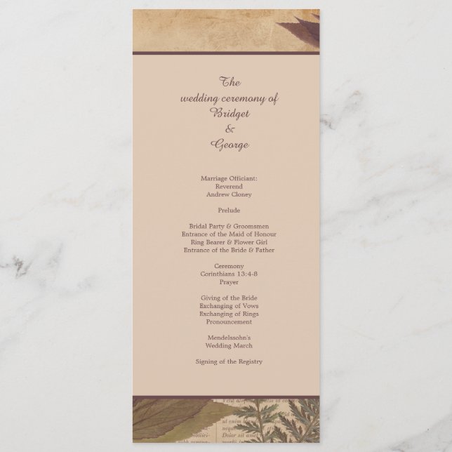 Vintages Hochzeitsprogramm im Grünen Programm (Rückseite)