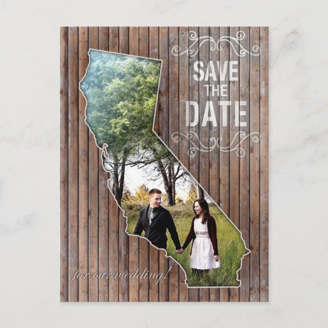 Vintages Holz Kalifornien Save the Date Ankündigungspostkarte (Vorderseite)