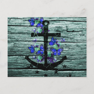 Vintages Holz und schwarzer Anker mit blauen Schme Postkarte