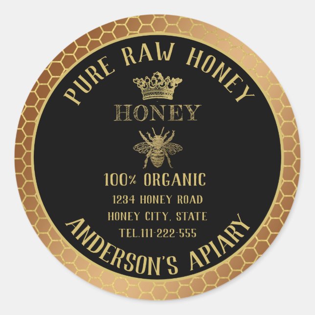 Vintages Honigwabenkirsch aus rustikaler Goldbiene Runder Aufkleber (Vorderseite)