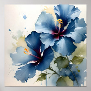 Vintages hübsches Blue Hibiskus Aquarellbild Poster