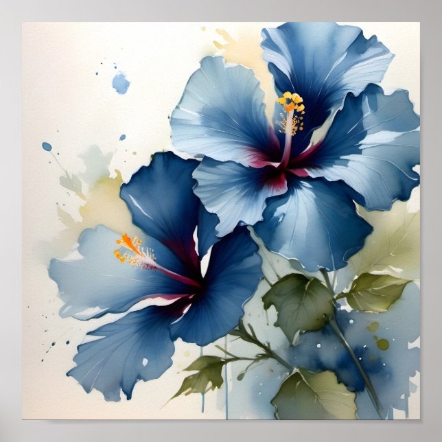 Vintages hübsches Blue Hibiskus Aquarellbild Poster (Vorne)