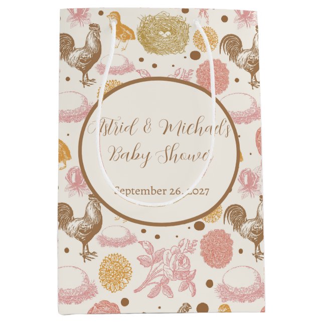 Vintages Hühnchen & Eierflora Baby Dusche Mittlere Geschenktüte (Vorderseite)