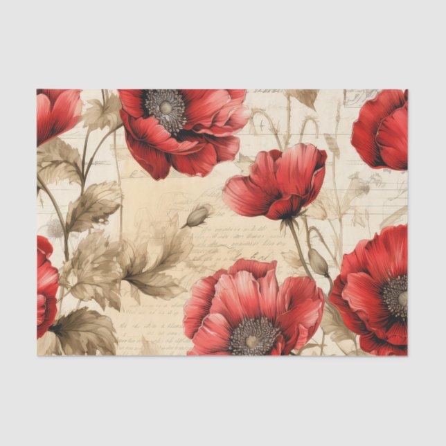 Vintages Inspiriertes Red Poppies Tissue Paper Seidenpapier (Vorderseite)