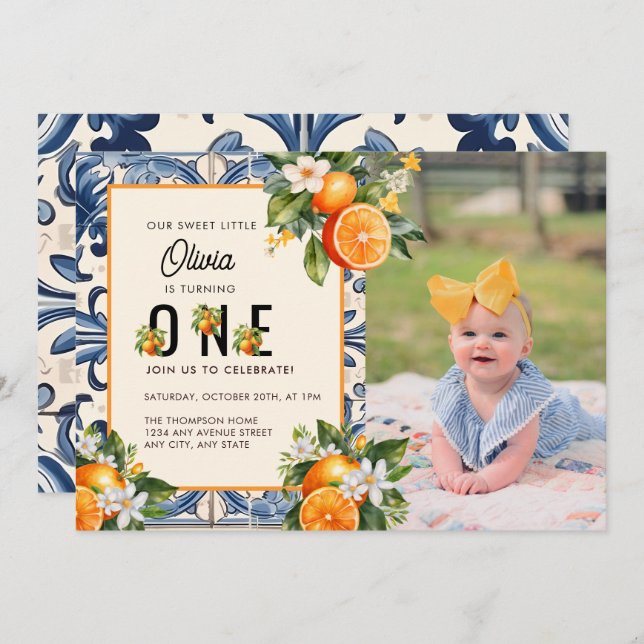 Vintages Italienisch | Citrus Orange Erster Geburt Einladung (Vorne/Hinten)
