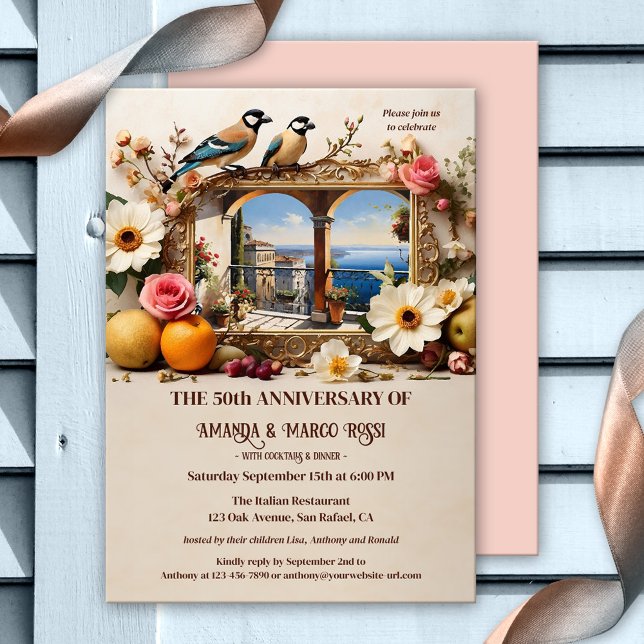 Vintages italienisches Party zum Jahrestag Einladung (Vintage romantic Italian wedding anniversary invitation featuring a still life with love birds)