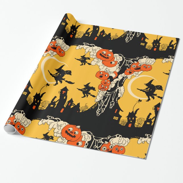 Vintages Jack o Lanturns und Fliegen-Hexen Geschenkpapier (Ungerollt)