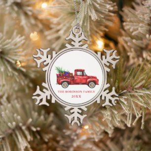 Vintages Jahr der Weihnachtsbaumgeschenke für den Schneeflocken Zinn-Ornament