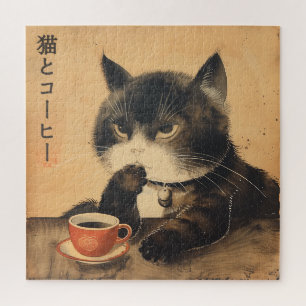 Vintages Japan Kunst niedliche Katze mit einer Tas Puzzle