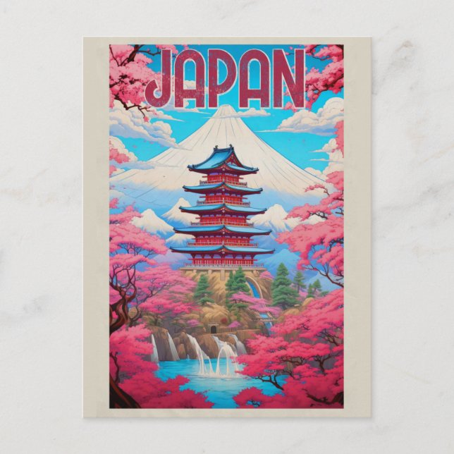 Vintages Japan Pagoda Kirschblüten Reisen Postkarte (Vorderseite)