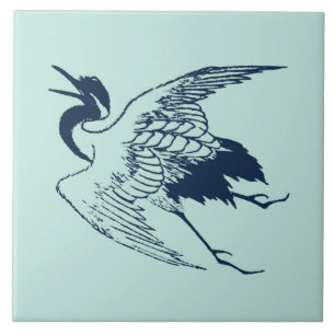 Vintages Japanisch Zeichn eines Krans, blau Fliese