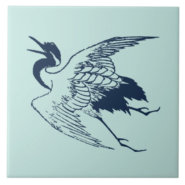 Vintages Japanisch Zeichn eines Krans, blau Fliese (Vorderseite)