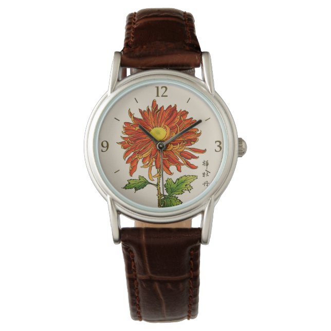 Vintages japanisches Chrysanthemum. Orange und Gol Armbanduhr (Vorderseite)