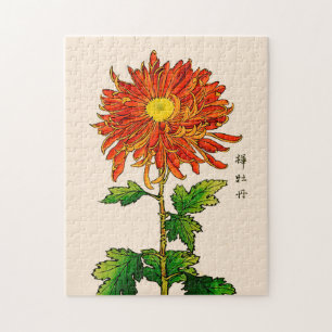 Vintages japanisches Chrysanthemum. Orange und Gol Puzzle