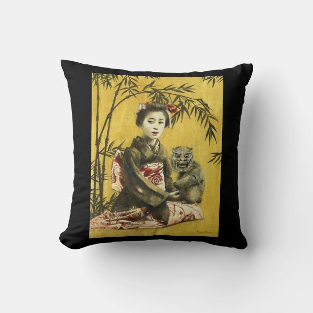 Vintages japanisches Geishaund Dämonthrow-Kissen Kissen (Vorderseite)