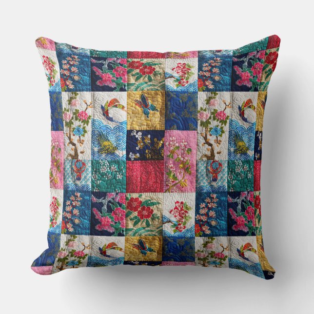 Vintages japanisches Kimono besticktes Patchwork Kissen (Vorderseite)