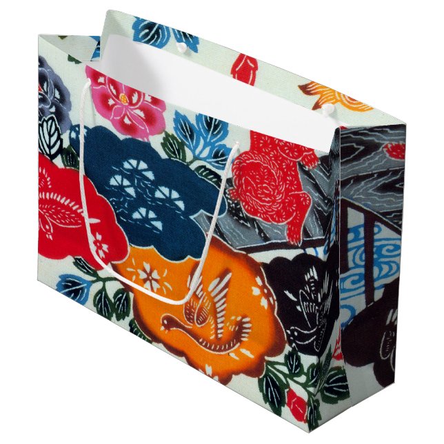 Vintages japanisches Kimono Textile (Bingata) Große Geschenktüte (Vorderseite Schrägansicht)