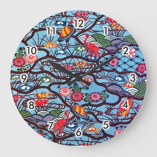 Vintages japanisches Kimono Textile (Bingata) Große Wanduhr (Vorderseite)