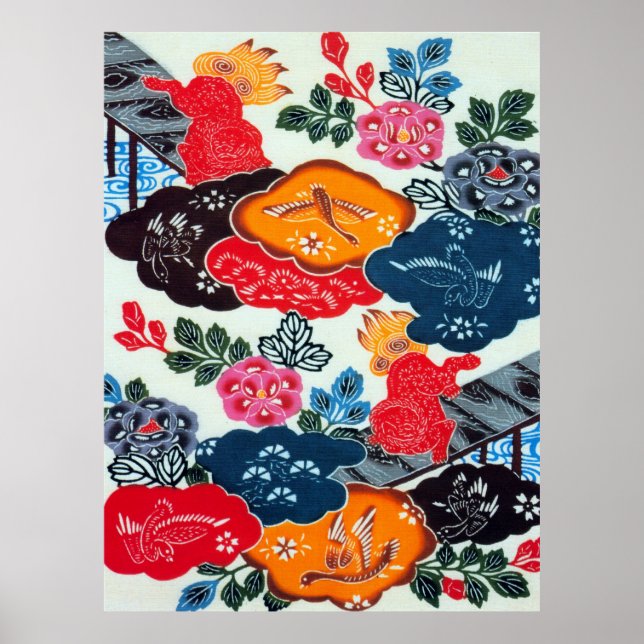 Vintages japanisches Kimono Textile (Bingata) Poster (Vorne)