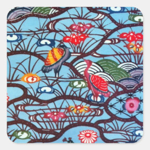 Vintages japanisches Kimono Textile (Bingata) Quadratischer Aufkleber