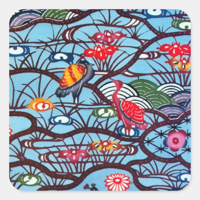 Vintages japanisches Kimono Textile (Bingata) Quadratischer Aufkleber (Vorderseite)