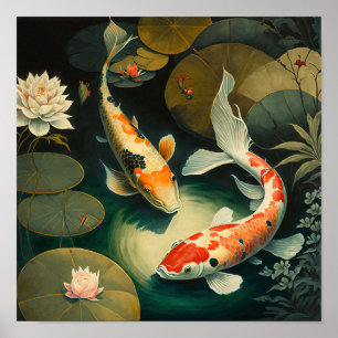 Vintages japanisches Koi Fish Pond Art Print Poste Poster