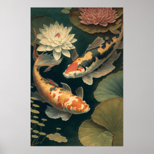 Vintages japanisches Koi Fish Pond Art Print Poste Poster